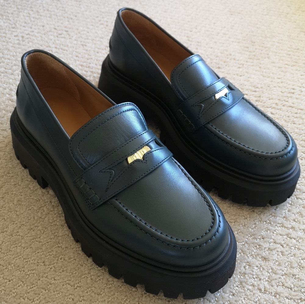 Maje Bottle Green Leather Loafers
